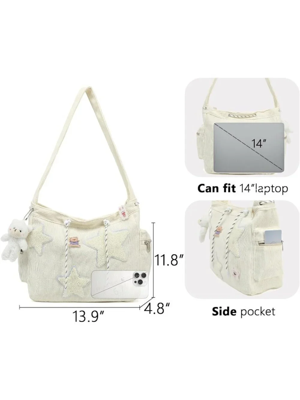 Women's White Zipper Kawaii Corduroy Star Crossbody Shoulder Purse